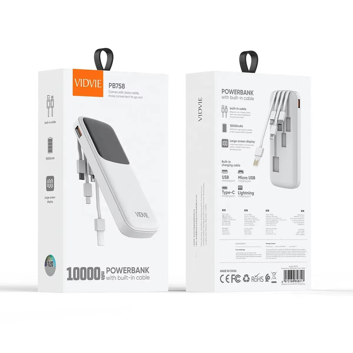 Power Bank de 10,000mAh con cable incorpordo VIDVIE PB758
